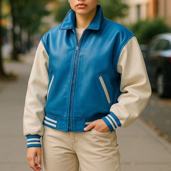 WILSONS LEATHER Varsity Bomber Jacket Genuine Leather Wool Sleeve Blue Cream XS - Picture 1 of 12